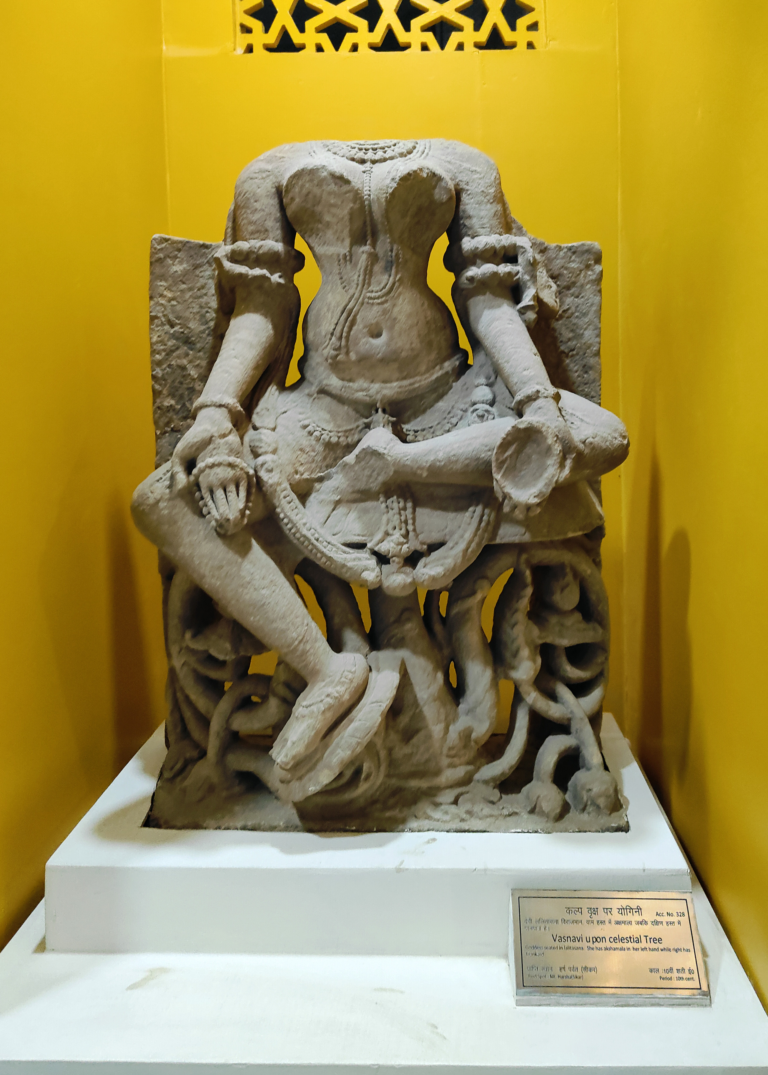 Image 13: This is one of the many images of yoginis found at the site, hinting at a lost yogini temple compound. Contextualizing this image with several other relevant images suggests a mature Shakti and tantric tradition at the site. The two-armed yogini sits in the lalitasana pose. She holds a mala in her right hand and a cup in her left hand. Her head is lost.