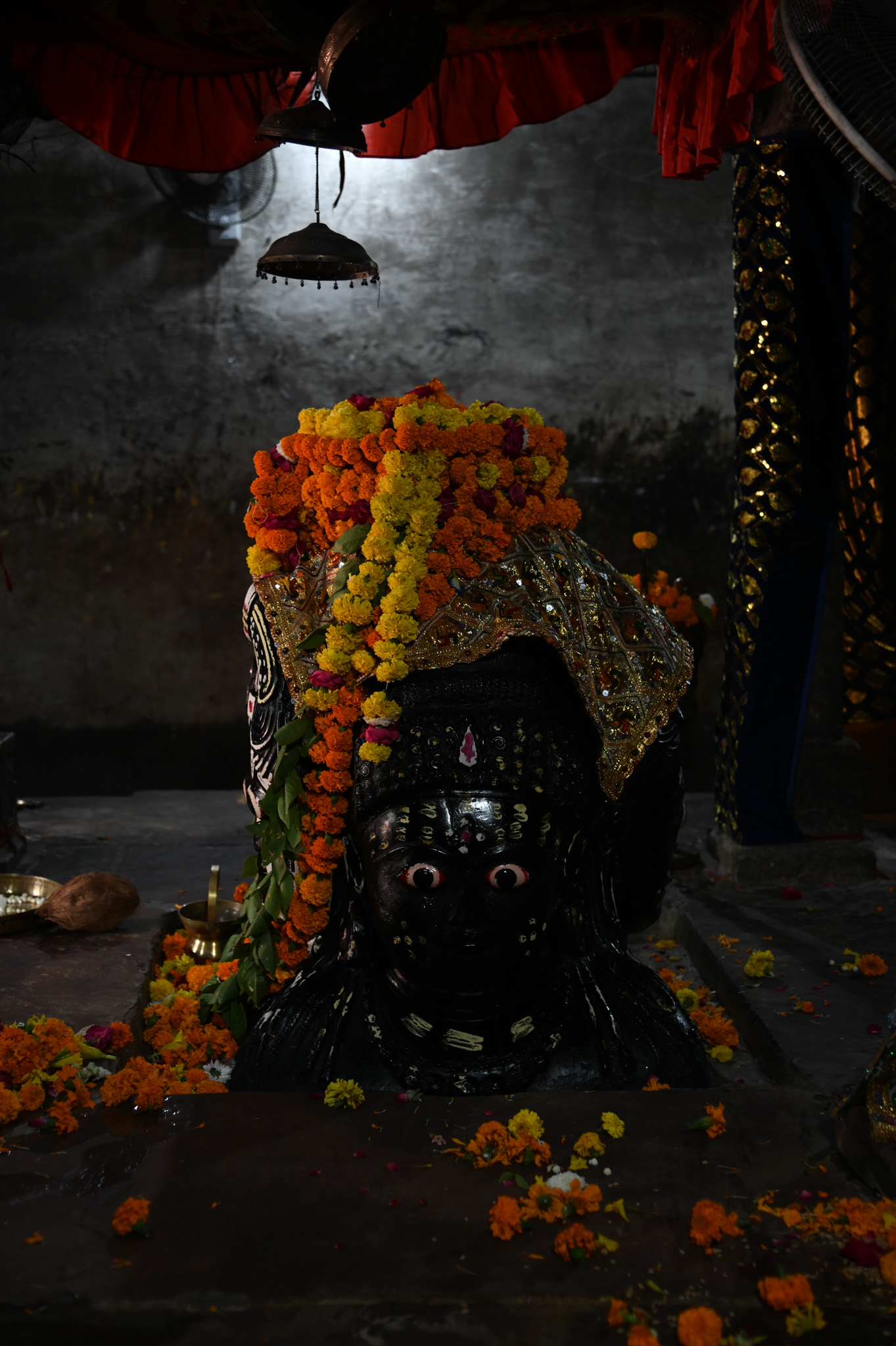 The north face of the Chaturmukha linga has a jatamukuta (matted crown), but it is different from the other faces. The carvings above the forehead feature snail-shaped curls, and hairlocks extend down to the shoulders. A beautiful necklace adorns the deity.