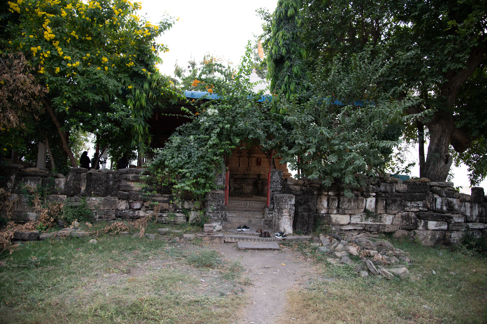 A closer view of an entrance on the north side of the temple premises. This entrance might not be the original entrance, as there is a high possibility that the main entrance was located at the front and not to the side of the temple. However, this entrance currently serves as the main entrance, with a metal gate flanked by two carved pillars.