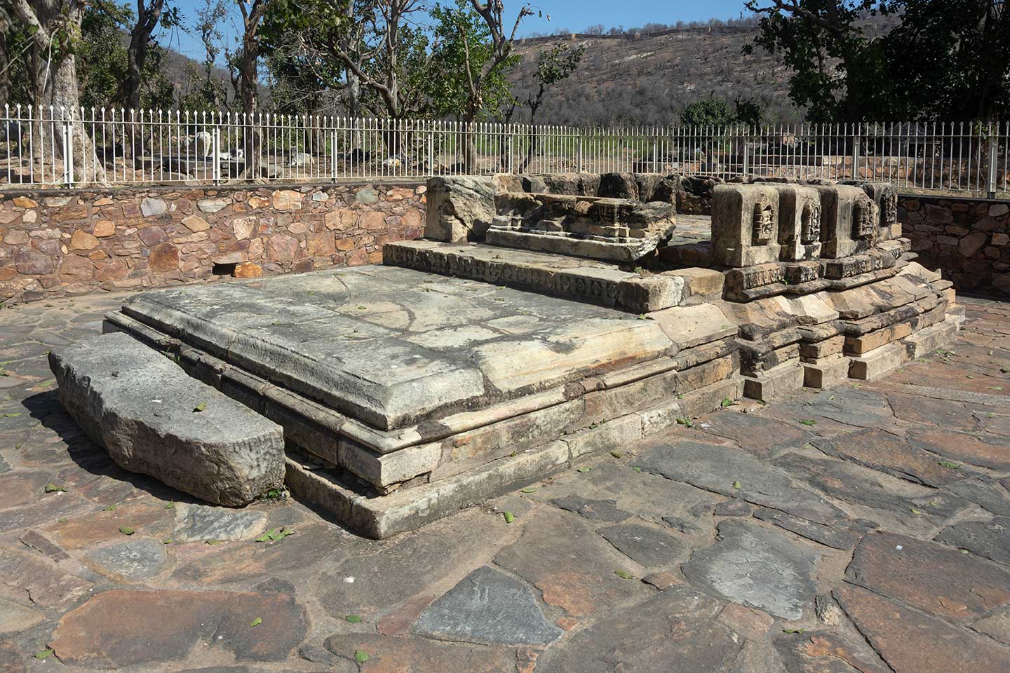 The temple's subsidiary shrine faces west. A few remnants of the temple's interior threshold have survived.