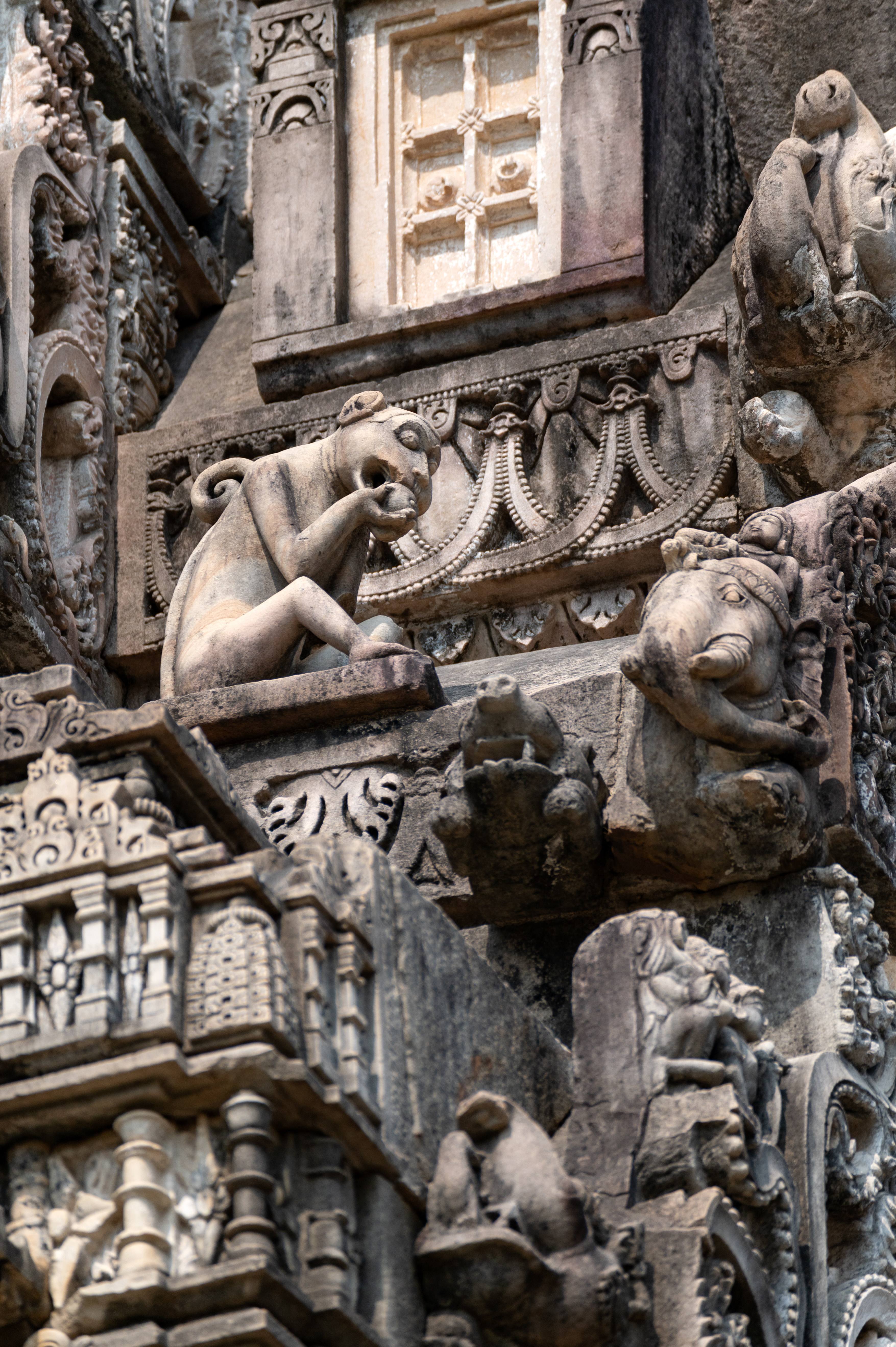 The south face of the sukanasa (antefix above the roof of the kapila) shows a monkey sitting on a pedestal just above the balcony scene. The monkey is depicted eating fruit, with a noteworthy expression featuring large, bulging circular eyes and an open mouth. There are many temples in which animals are depicted. As monkeys are notorious in nature, they are mostly shown jumping and climbing, but here, these actions are not depicted. Rather, the monkey is shown seated alone, peacefully eating a fruit, which makes it a unique representation.