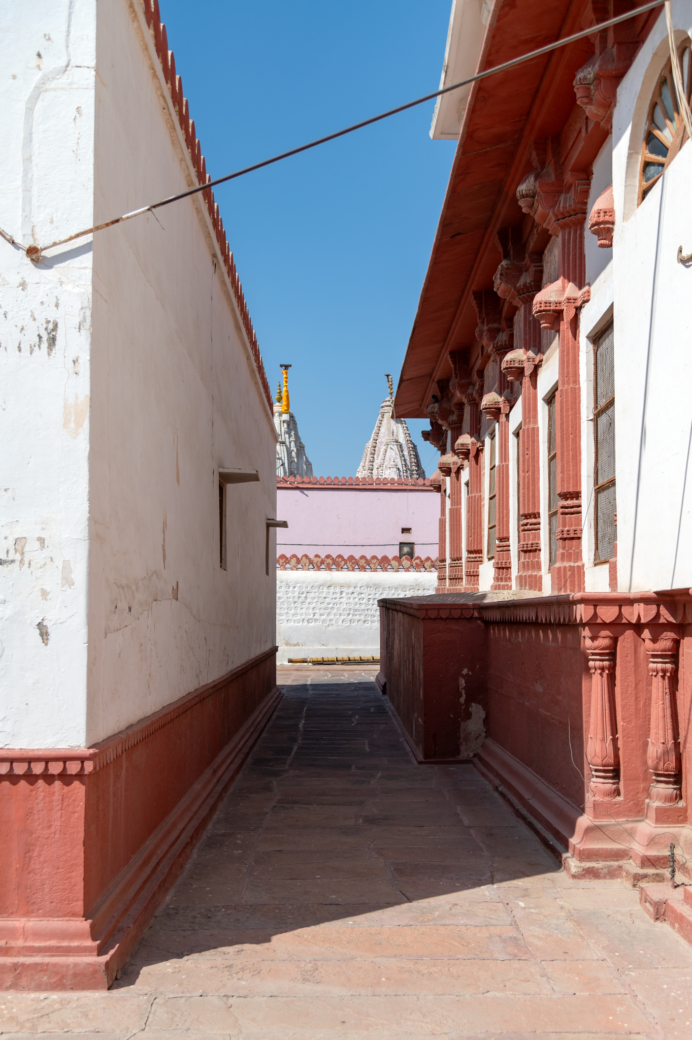 View of the south side elevation of the exterior walls of the Bhandasar Temple and the side shrine from the temple complex. A high plinth supports the exterior walls of the temple. The plinth details of slender fluted pilasters on the corner are characteristic of Mughal period architecture.