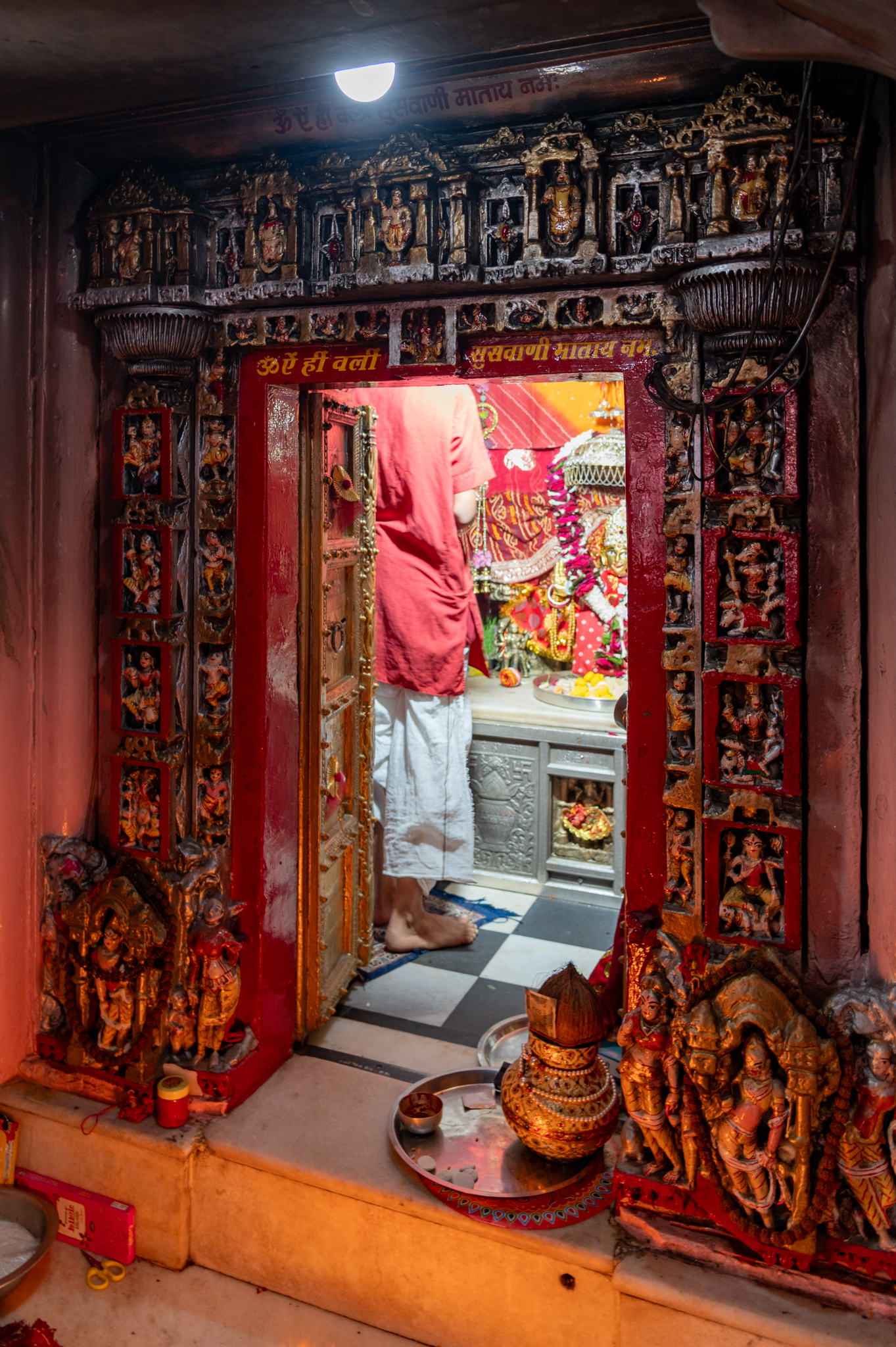 The dvarashakha or main architrave of the garbhagriha (sanctum sanctorum) of the Suswani Mata Temple. This profusely carved architrave consists of two shakhas (divisions on its vertical sides). The main shakha has a row of female figures on vahanas (mounts). Four on each side of the architrave, these female figures are Saptamatrikas (seven mother goddesses, namely Brahmani, Maheswari, Kaumari, Vaishnavi, Varahi, Indrani and Chamunda).