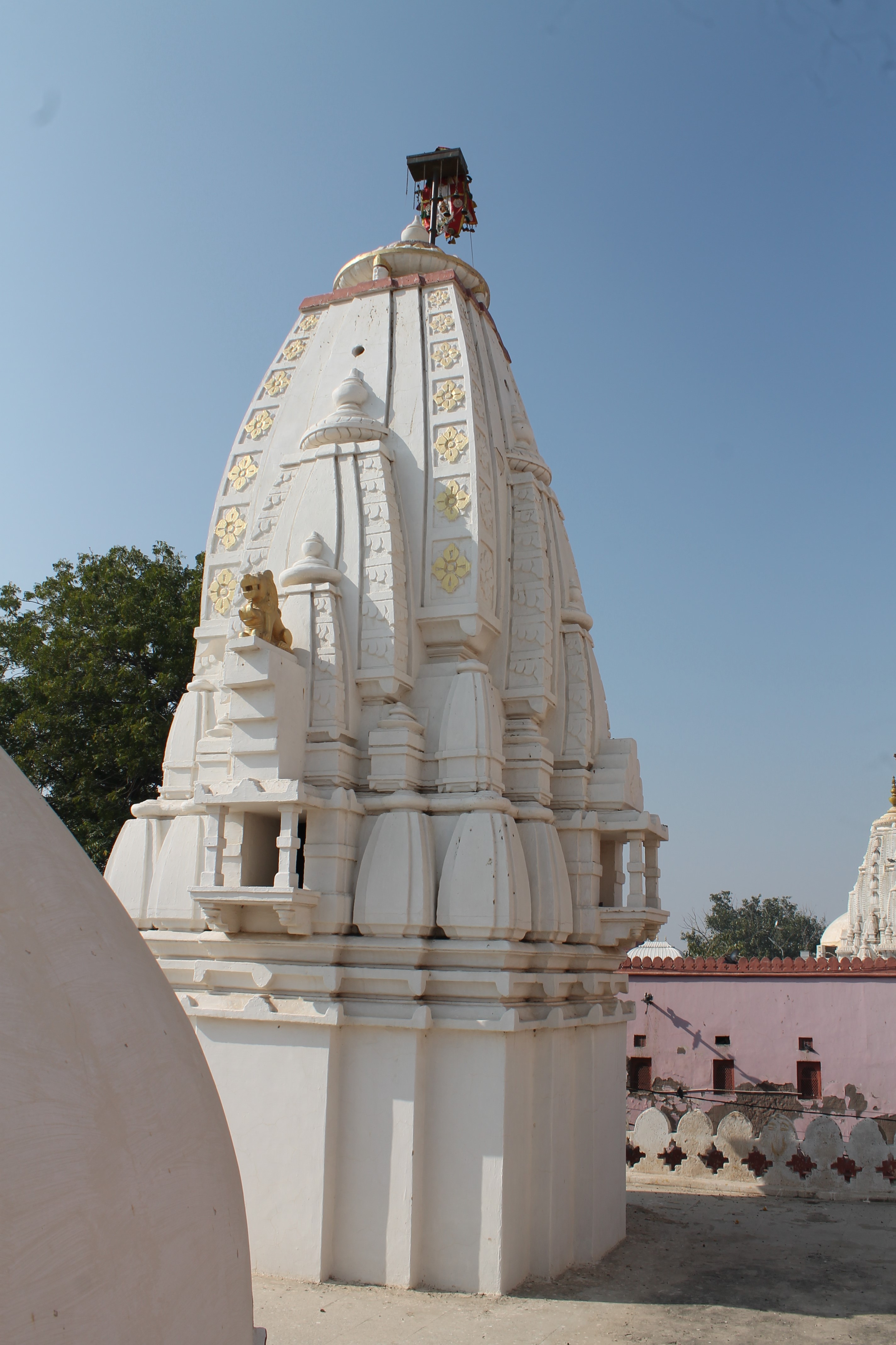 The Shikhara (superstructure) of the Adinatha Temple is built in the Nagara style, albeit an abbreviated one. The mulshringa of the shikhara has a pratyangas or prati shikharas emanating from it. These are complemented by miniature shikharas at the base of the main shikhara. The shikhara is painted in white, and the ornamentation details are defined with gold paint. The base of the cardinal faces of the shikhara has deep empty niches, similar to the shikhara of the Bhandasar Temple.