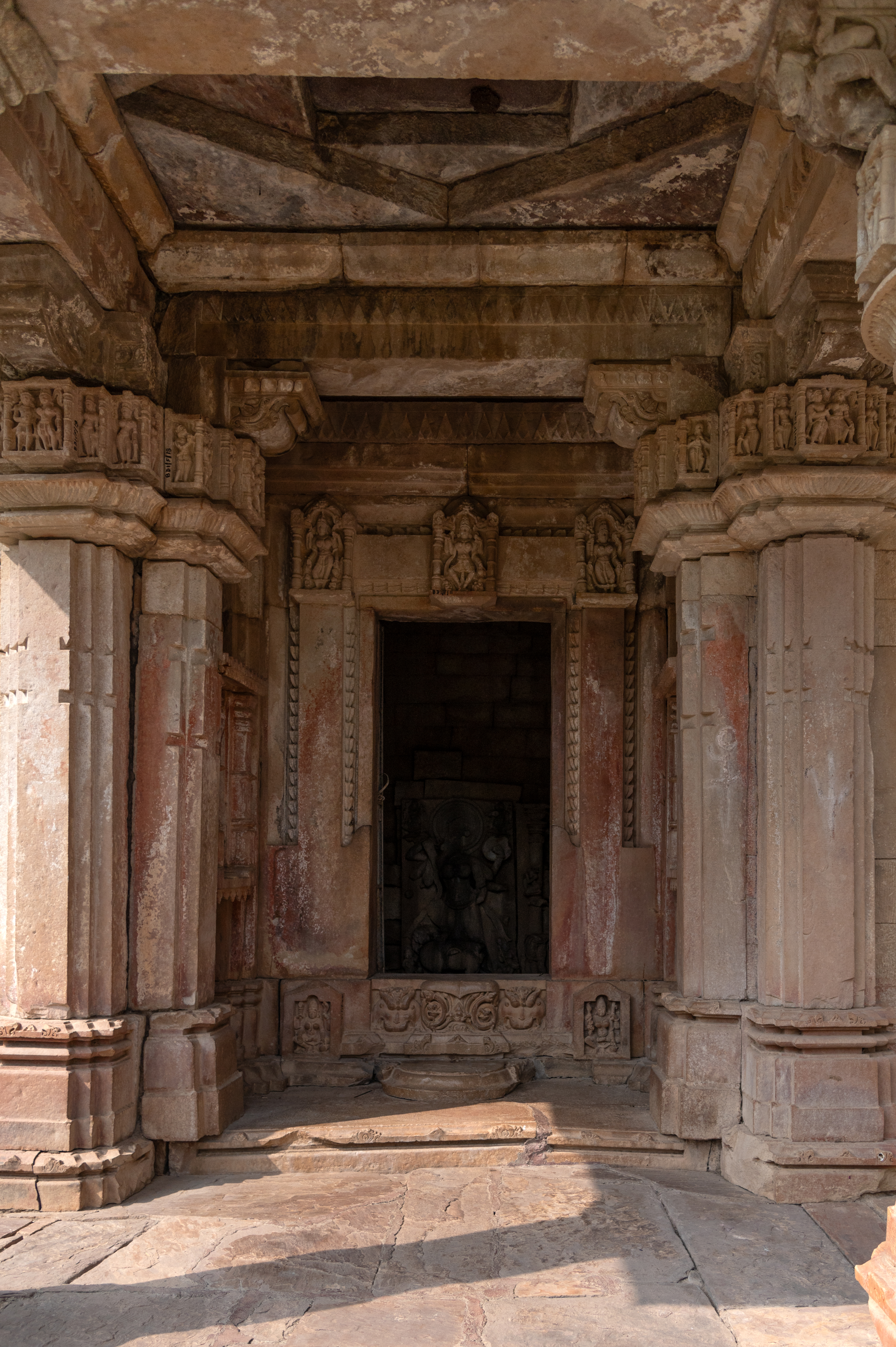 Image 17: Details of the antarala (vestibule) and entrance of the garbhagriha (sanctum sanctorum) of the Mahishasuramardini Temple (Temple 6), Baroli group of temples.