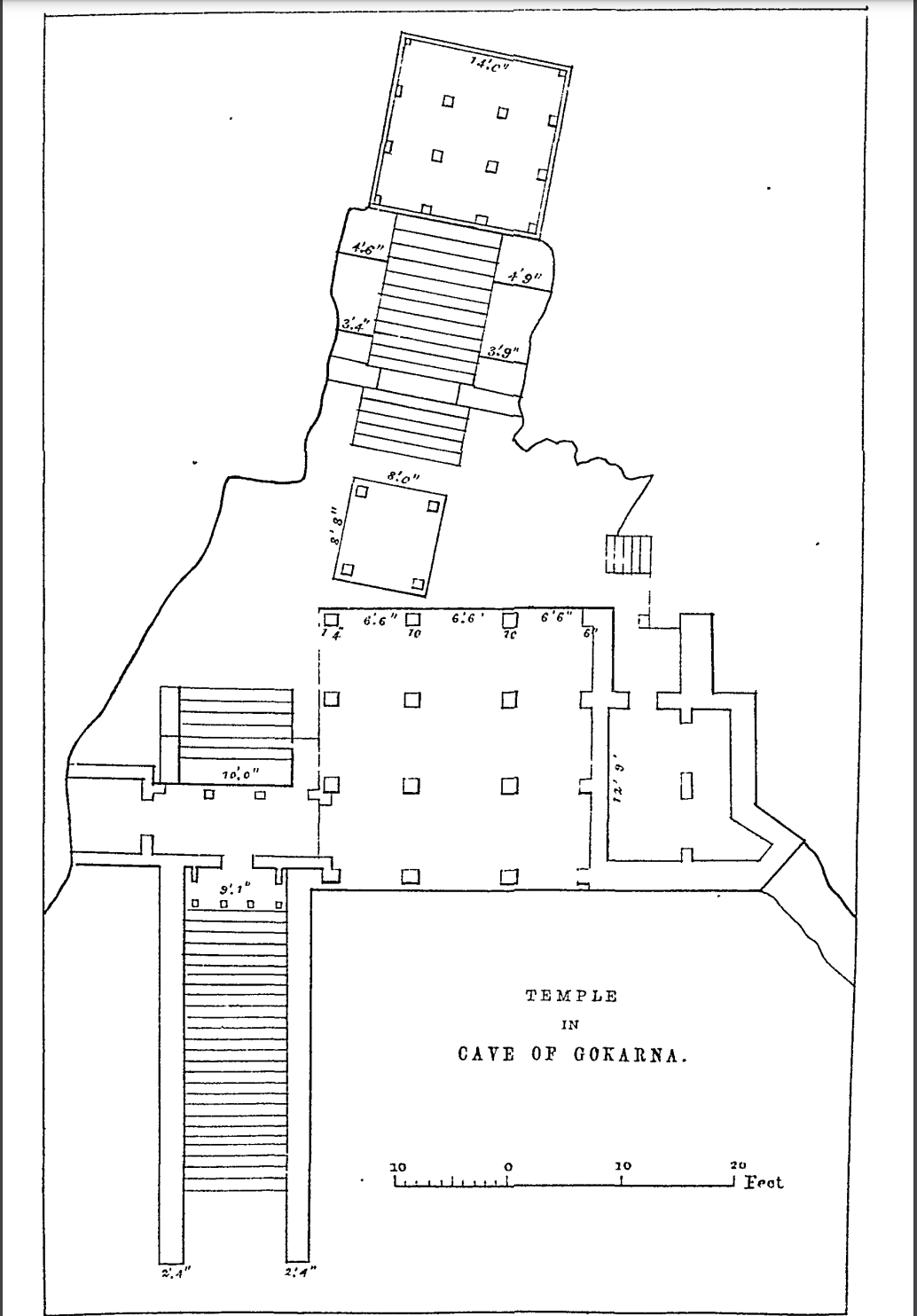 The layout of the Gokarneshwara Mahadeva shrine was drawn by A.C.L. Carlleyle. He describes the shrine as ‘…a cave temple, or rather a cave, in which temples or shrines have been built, within a two-storied screen or facing of masonry in the face of the rock, in the side of the mountain at the entrance to the pass, immediately opposite to the town of Visalpur… But apart from the bases of some of the pillars (which appear to be older than the rest), the whole of the structures in the cave appear to be modern…’