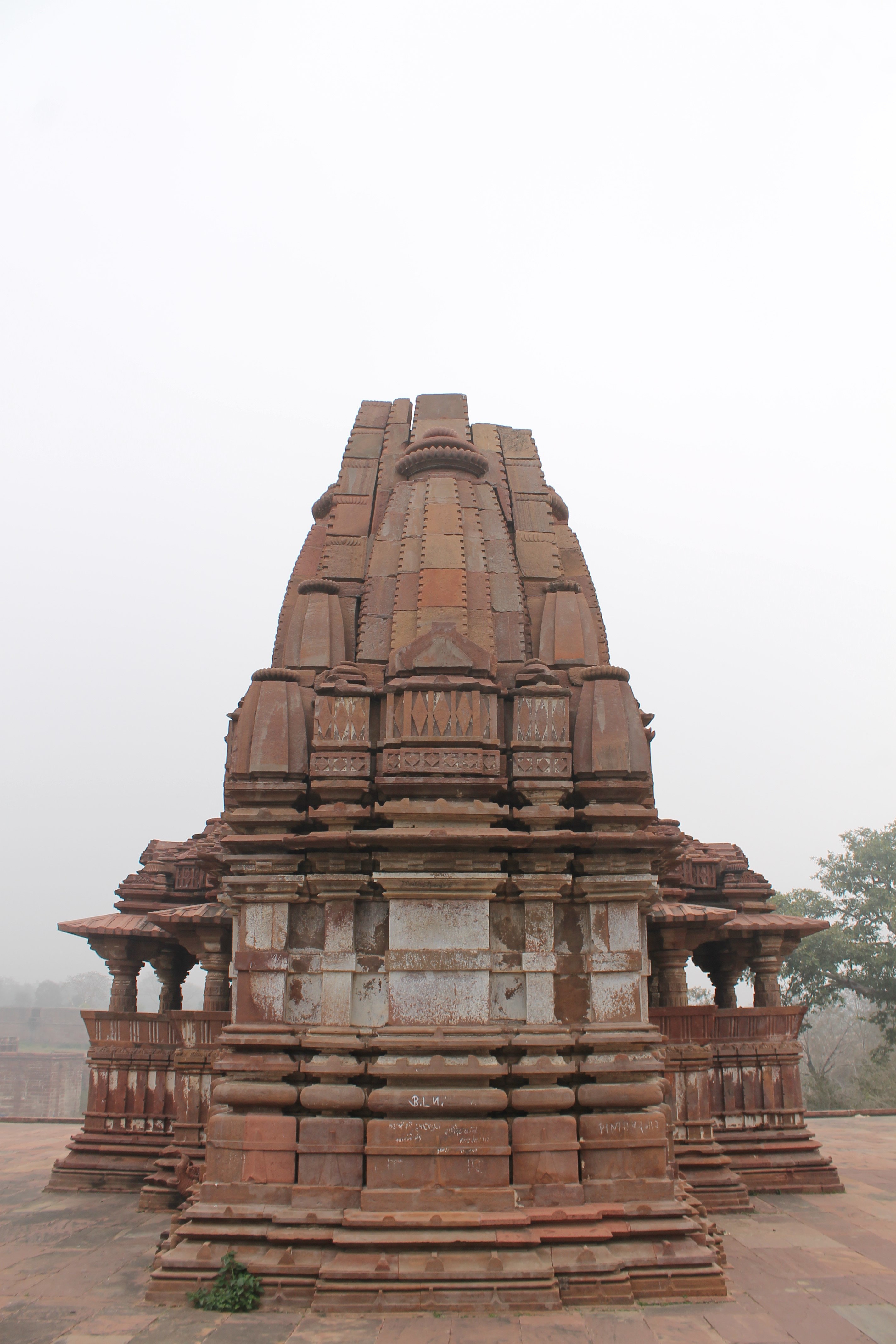 This is the west-facing elevation of the Suhaveshwar Temple. The main shrine has a vedibandha (basal mouldings), followed by a jangha (wall). The temple has a shekhari (multi-spired) variety of shikhara (superstructure). The shikhara is composed of a row of small aedicules, with a shukanasa (the front of the shikhara) of diamond motifs at its center. Emanating from these is the mulashringa (main shikhara) of the temple. The temple also comprises various divisions, known as angas and pratyangas. The entire shikhara has minimal ornamentation.