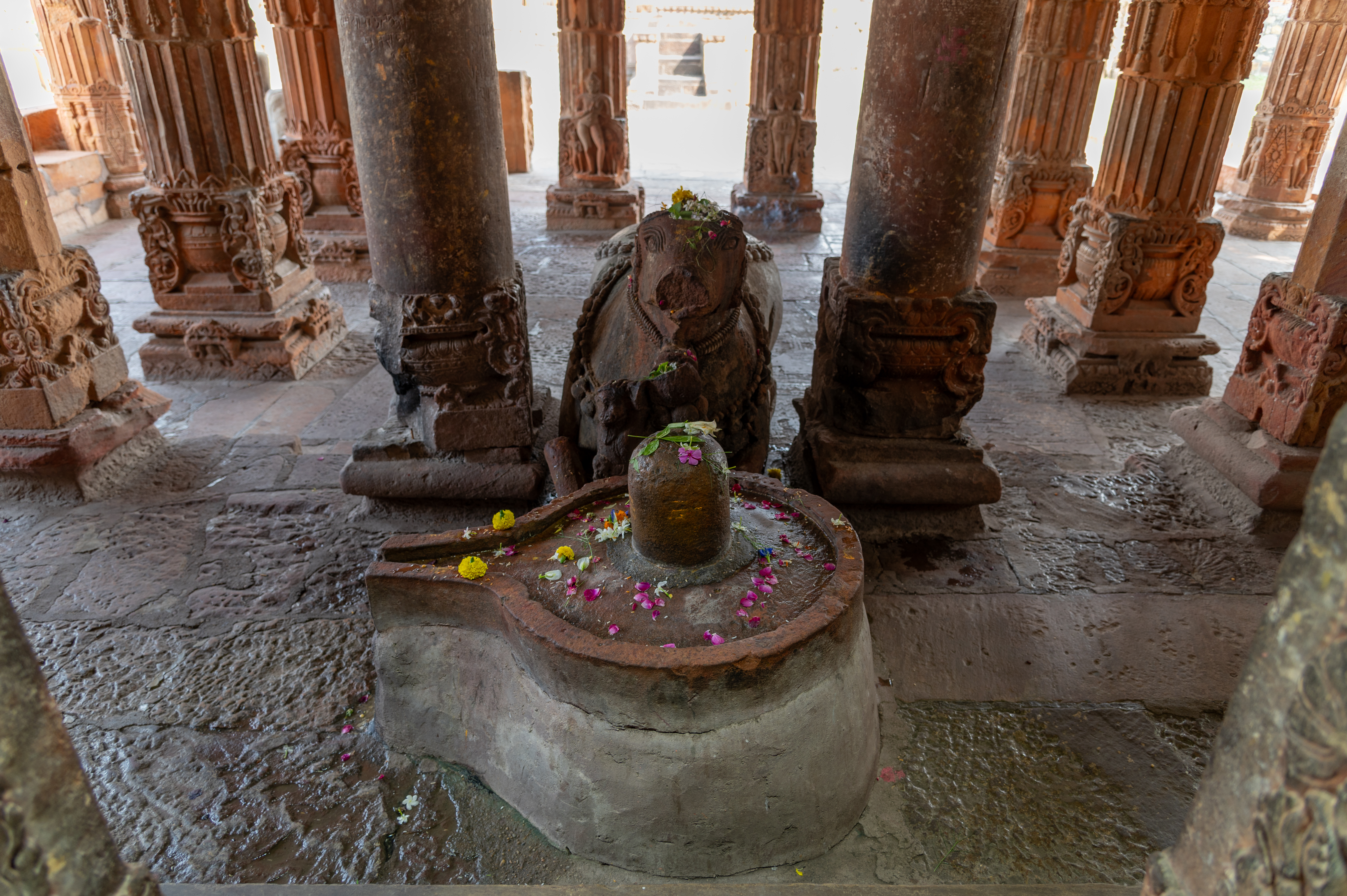 The Sitaleshwar Temple's mandapa (pillared hall) features a Nandi facing the garbhagriha (sanctum sanctorum). In front of the Nandi, before the antarala (vestibule or antechamber), there is a Shiva linga (aniconic representation of Shiva) placed on a cemented pedestal.