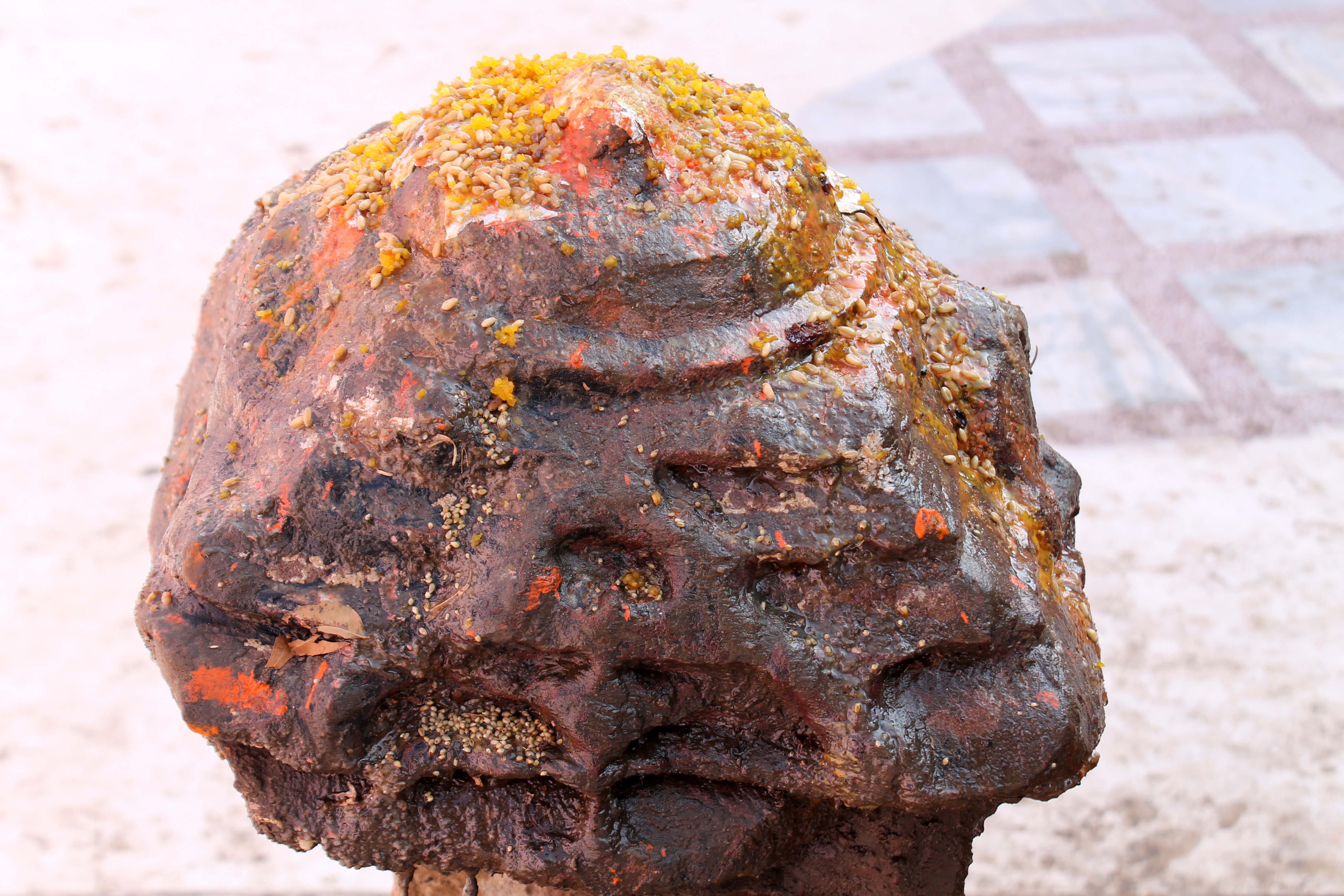  A closer view of the shikhara (superstructure) of the sarvatobhadra (open from all sides) reveals it's stylized like a phamsana (pyramidal) shikhara. It consists of three mouldings that decrease in size, with a gavaksha (false window) on the frontal side of these mouldings. The mouldings are capped by a disc at the centre. The shikhara gives the sarvatobhadra the appearance of a miniature shrine.