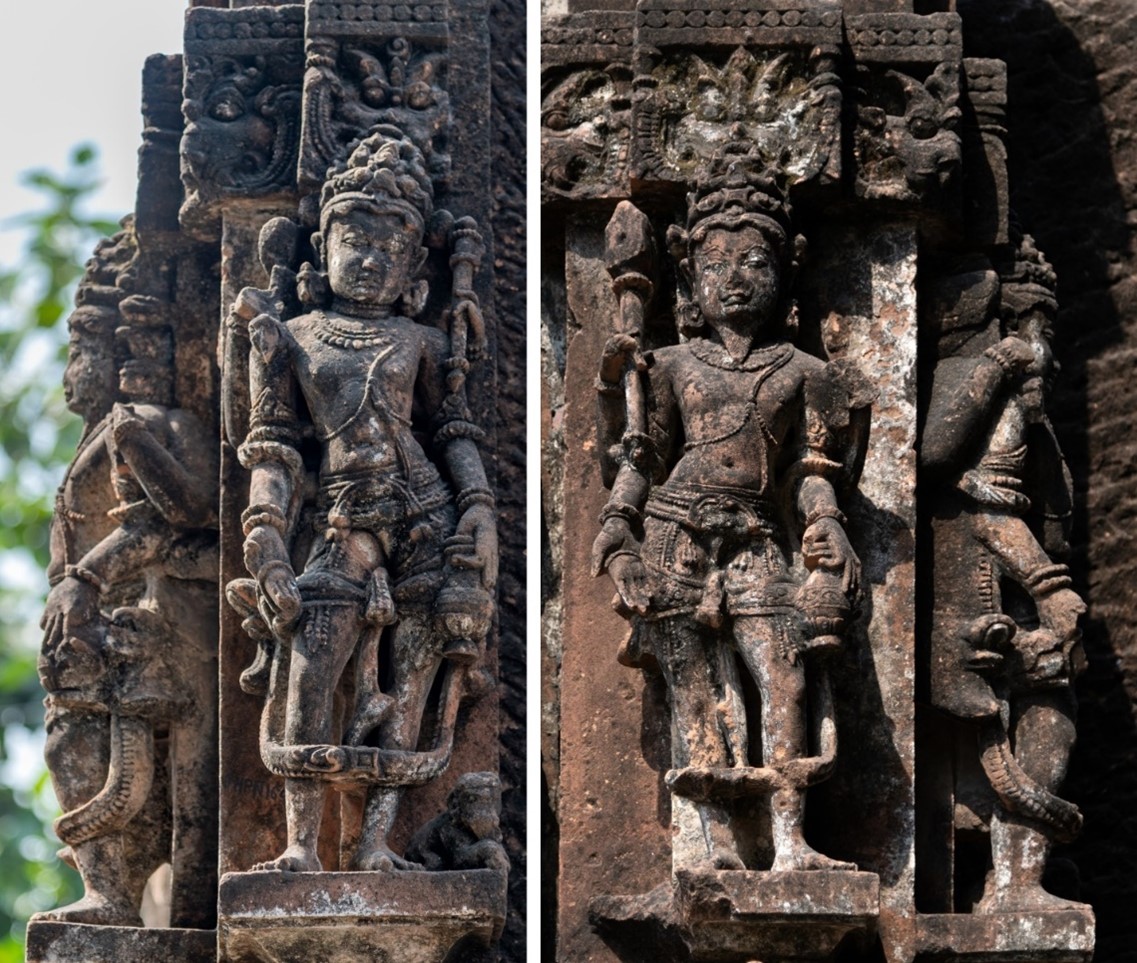 Image 9:  Indra (right) and Agni (left) on the external walls of the garbhagriha (sanctum sanctorum) of the Vishnu Temple (Temple 2).