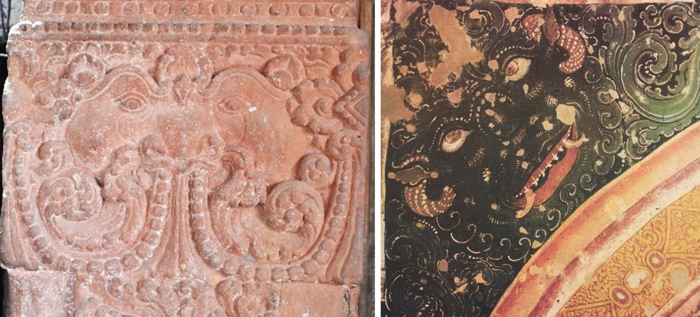 Image 7: Grassamukha (face of glory) on the pillars of antarala (vestibule) of the Sitaleshwar Temple (left) and a similar depiction on the ceiling of Cave 1, Ajanta (right). Image source: Ghosh, A. Ajanta Murals. Delhi: Archaeological Survey of India, 1996.