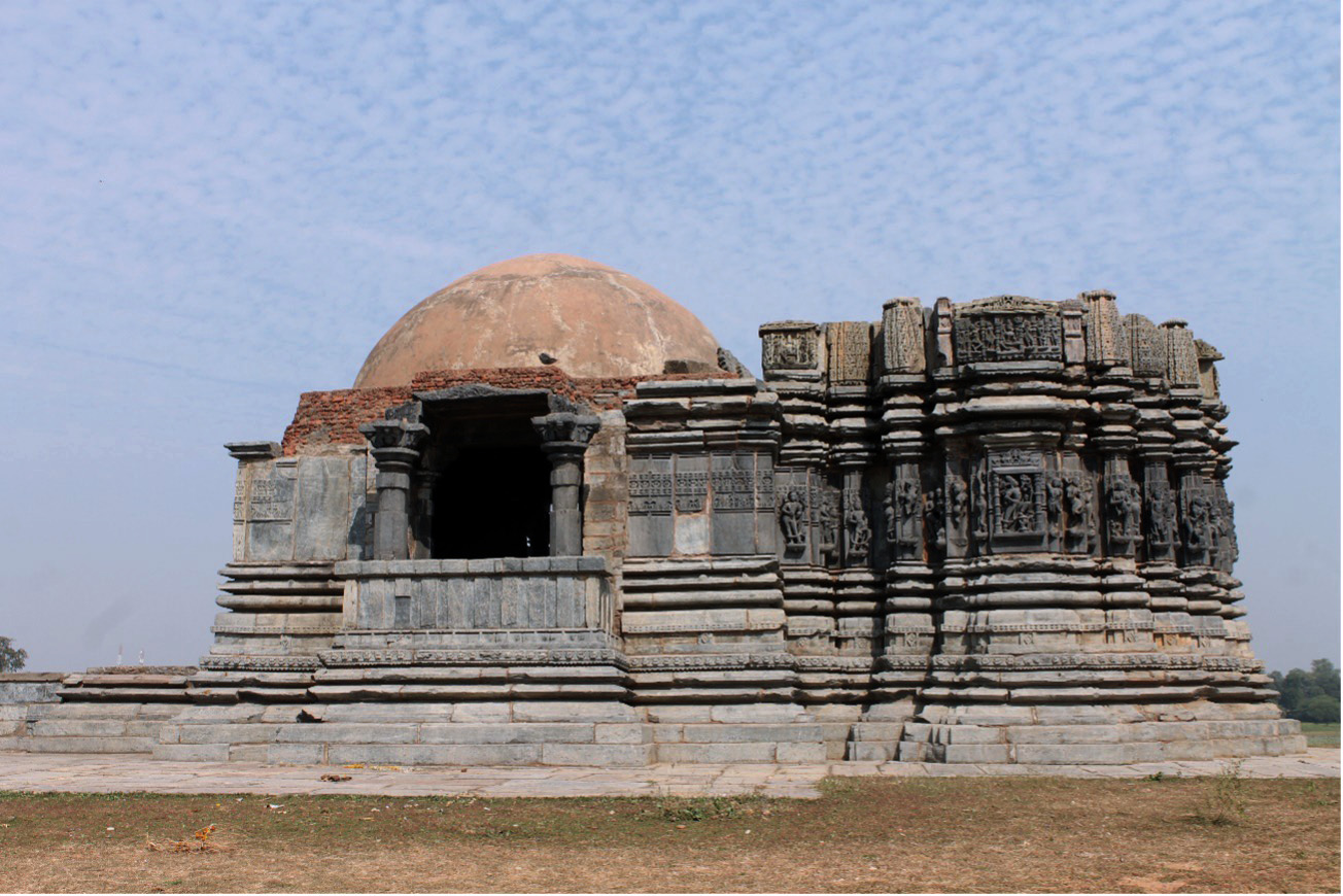 Image 5: The Kumbheshwar Mahadev Temple's south elevation. The shikhara above the main shrine has only one tier remnant, whereas the shikhara above the mandapa has been replaced by a crude dome.