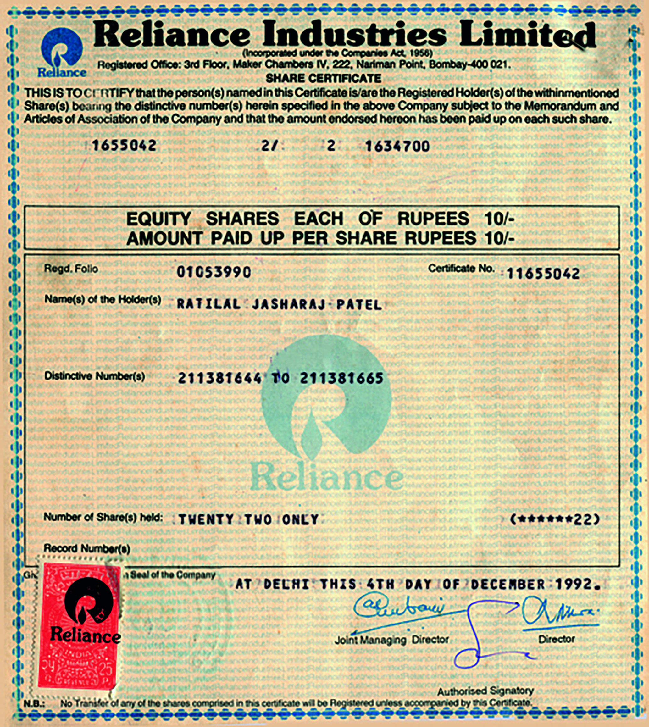 Here is a Reliance share priced at Rs. 10 in 1992.